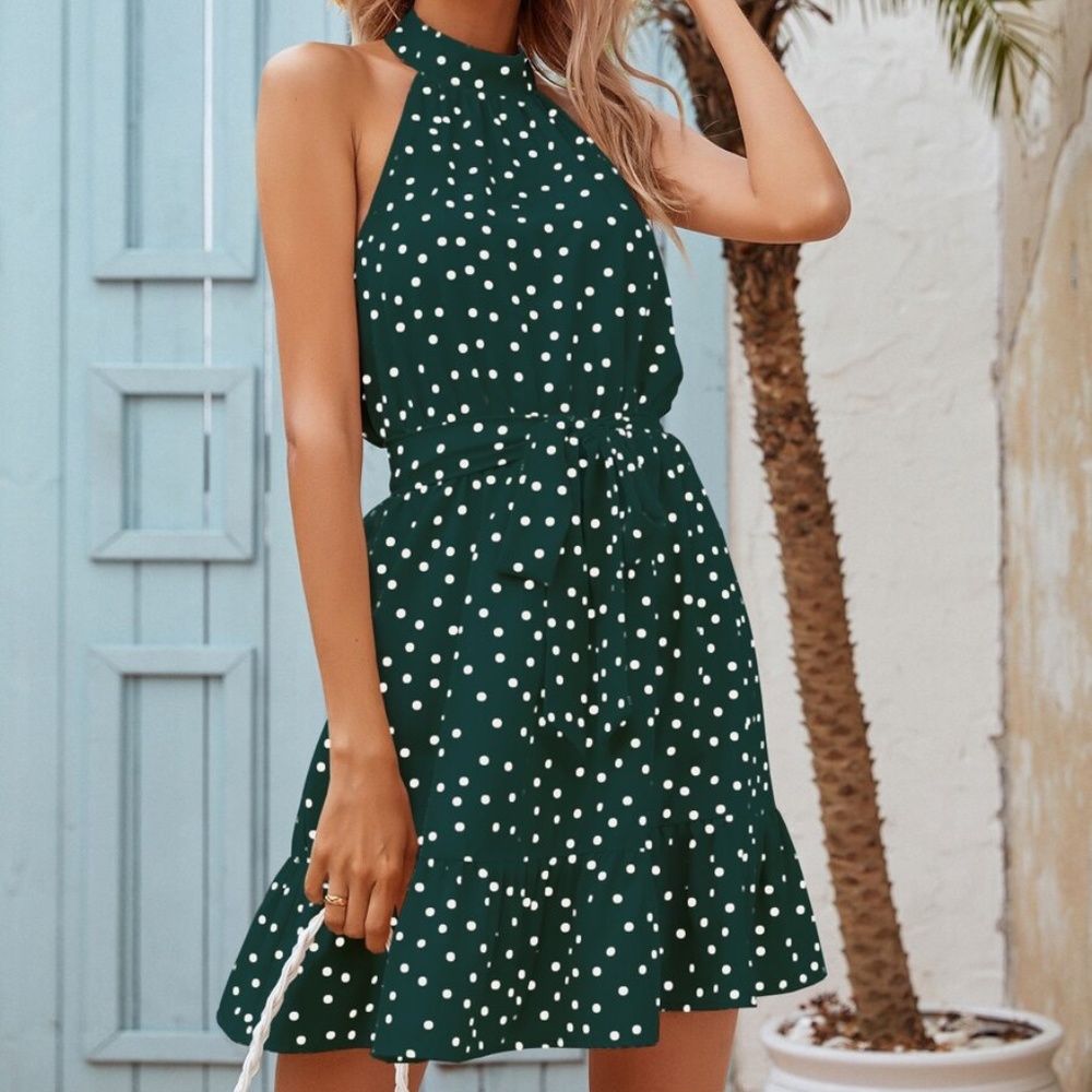 boho polka dot belted ruffle hem halter mini dress - Picture 5 of 12